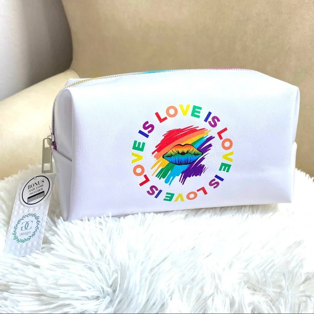 LOVE IS LOVE Medium Cosmetic Travel Bag Multicolor White Vegan Lips LGBTQIA+